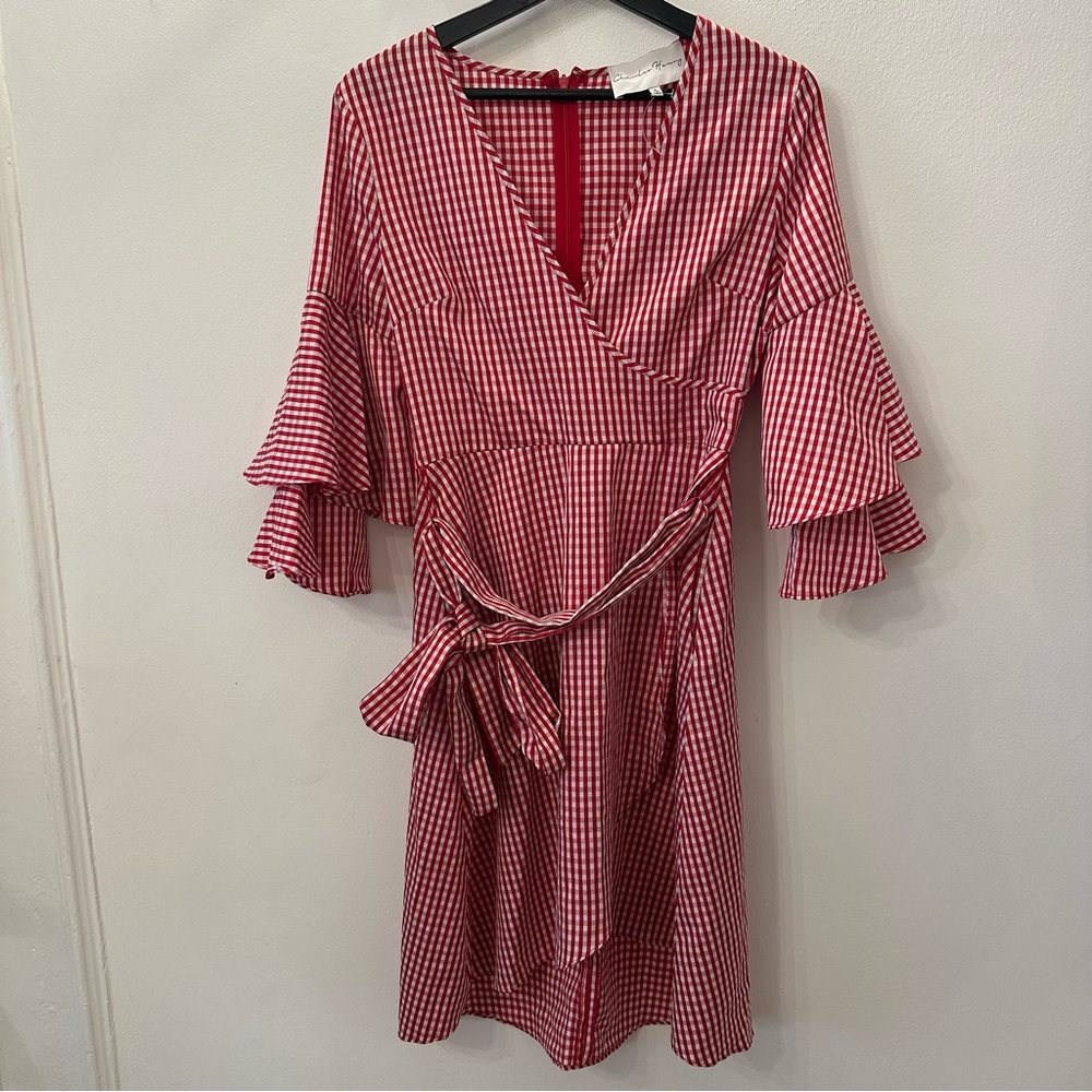 Red Gingham Ruffle Wrap Dress